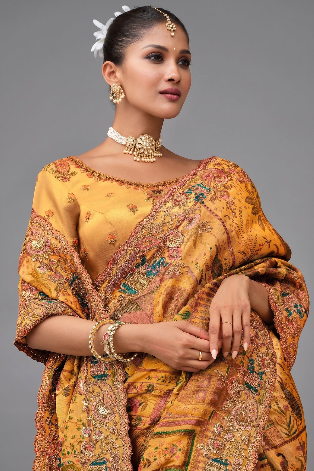 Mustard Silk Woven Saree with Embroidery - mustard silk saree embroidery
