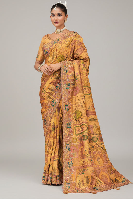 Mustard Silk Woven Saree with Embroidery