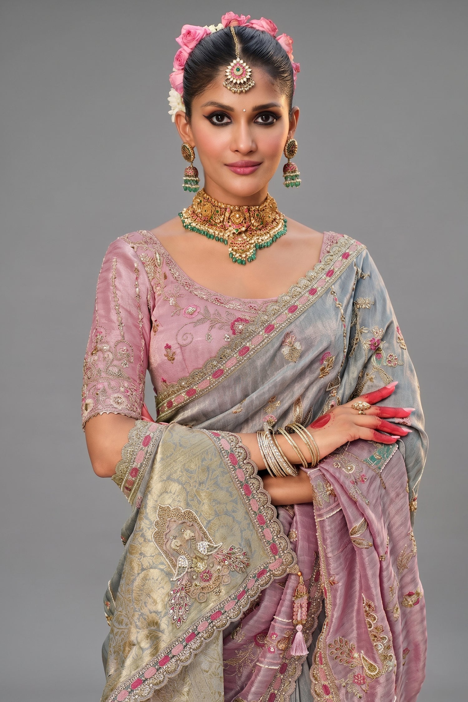 Grey and Pink Silk Woven Saree with Embroidery Secondary image
