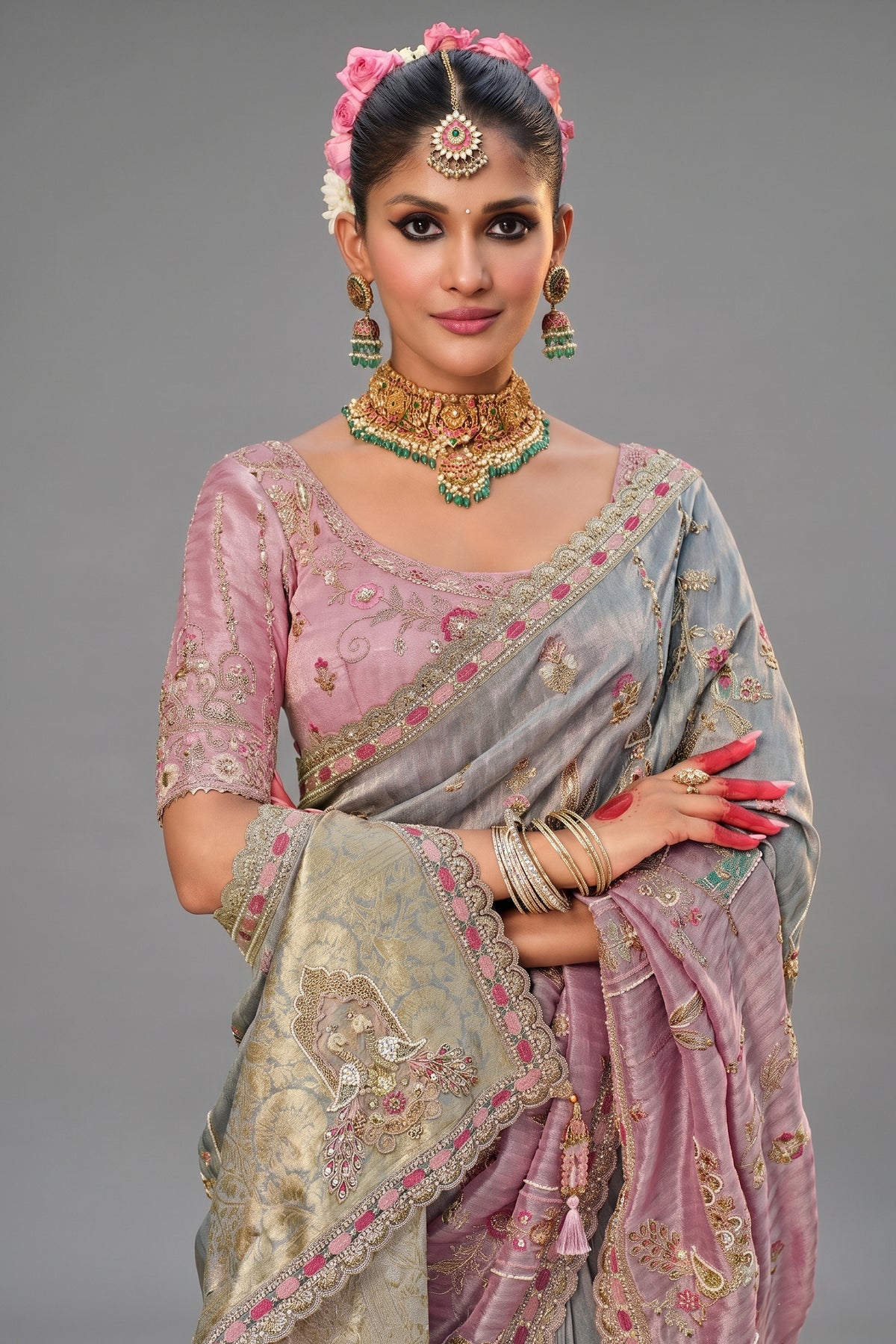 Grey and Pink Silk Woven Saree with Embroidery - pink silk saree embroidery