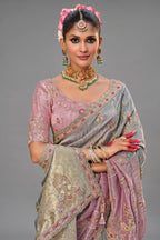 Grey and Pink Silk Woven Saree with Embroidery - pink silk saree embroidery