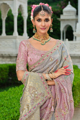 Grey and Pink Silk Woven Saree with Embroidery