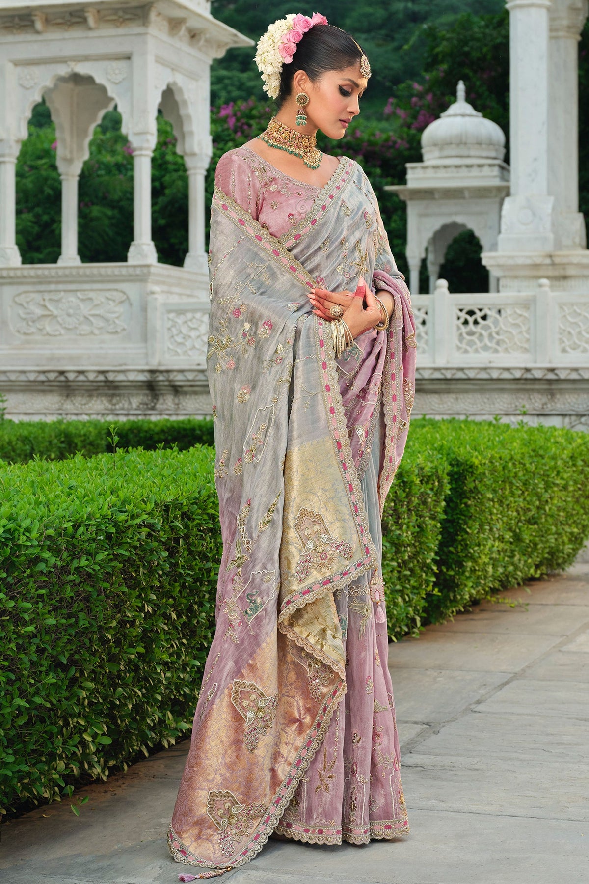 Grey and Pink Silk Woven Saree with Embroidery - pink silk saree embroidery