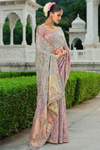 Grey and Pink Silk Woven Saree with Embroidery - pink silk saree embroidery
