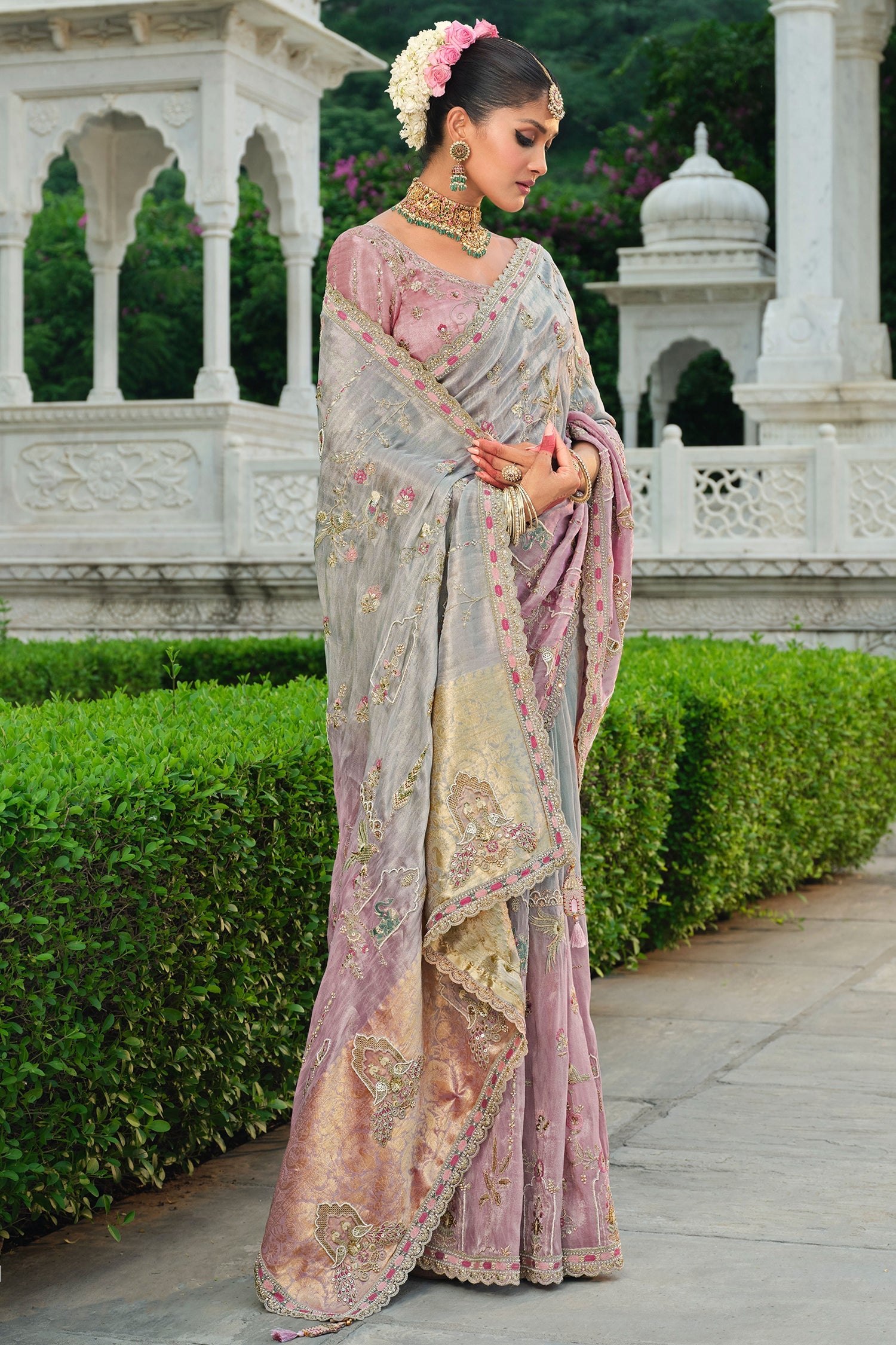 Grey and Pink Silk Woven Saree with Embroidery - pink silk saree embroidery