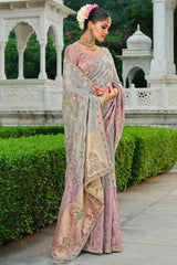 Grey and Pink Silk Woven Saree with Embroidery
