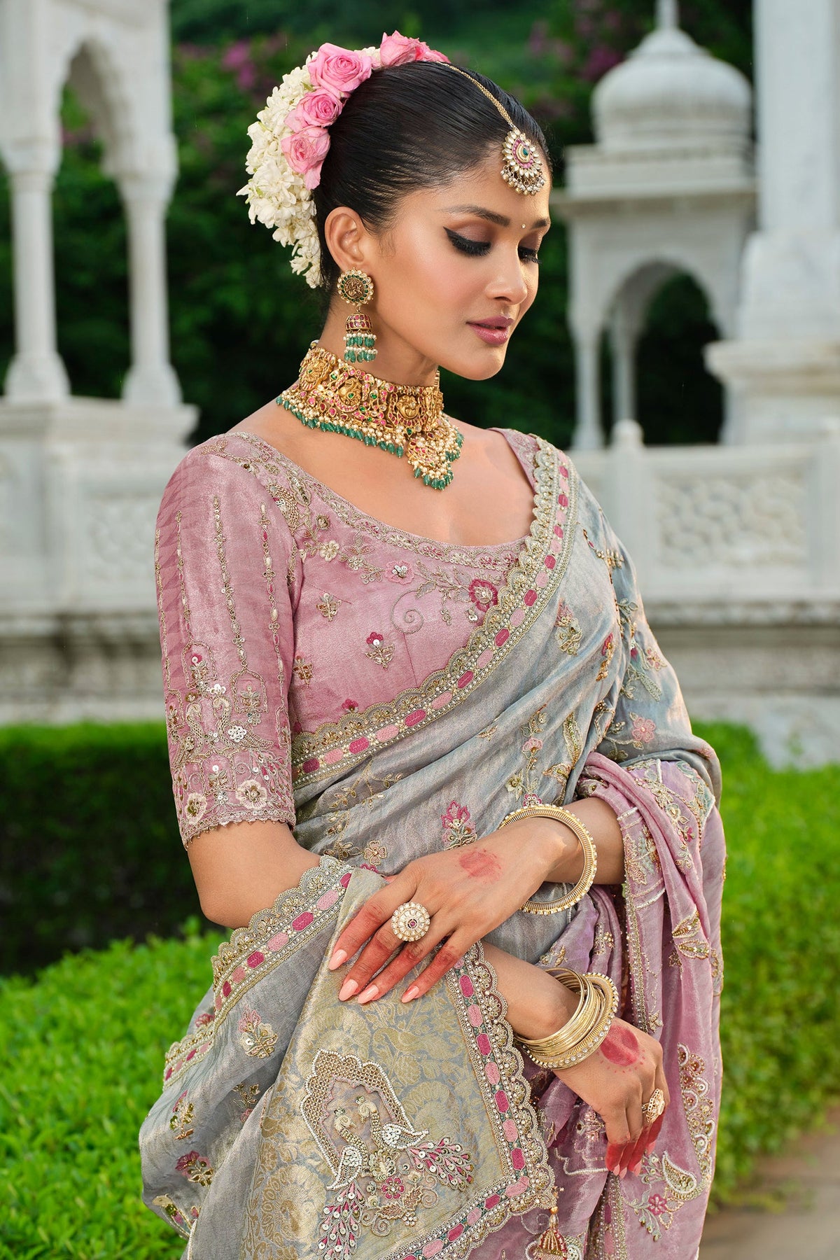 Grey and Pink Silk Woven Saree with Embroidery - pink silk saree embroidery