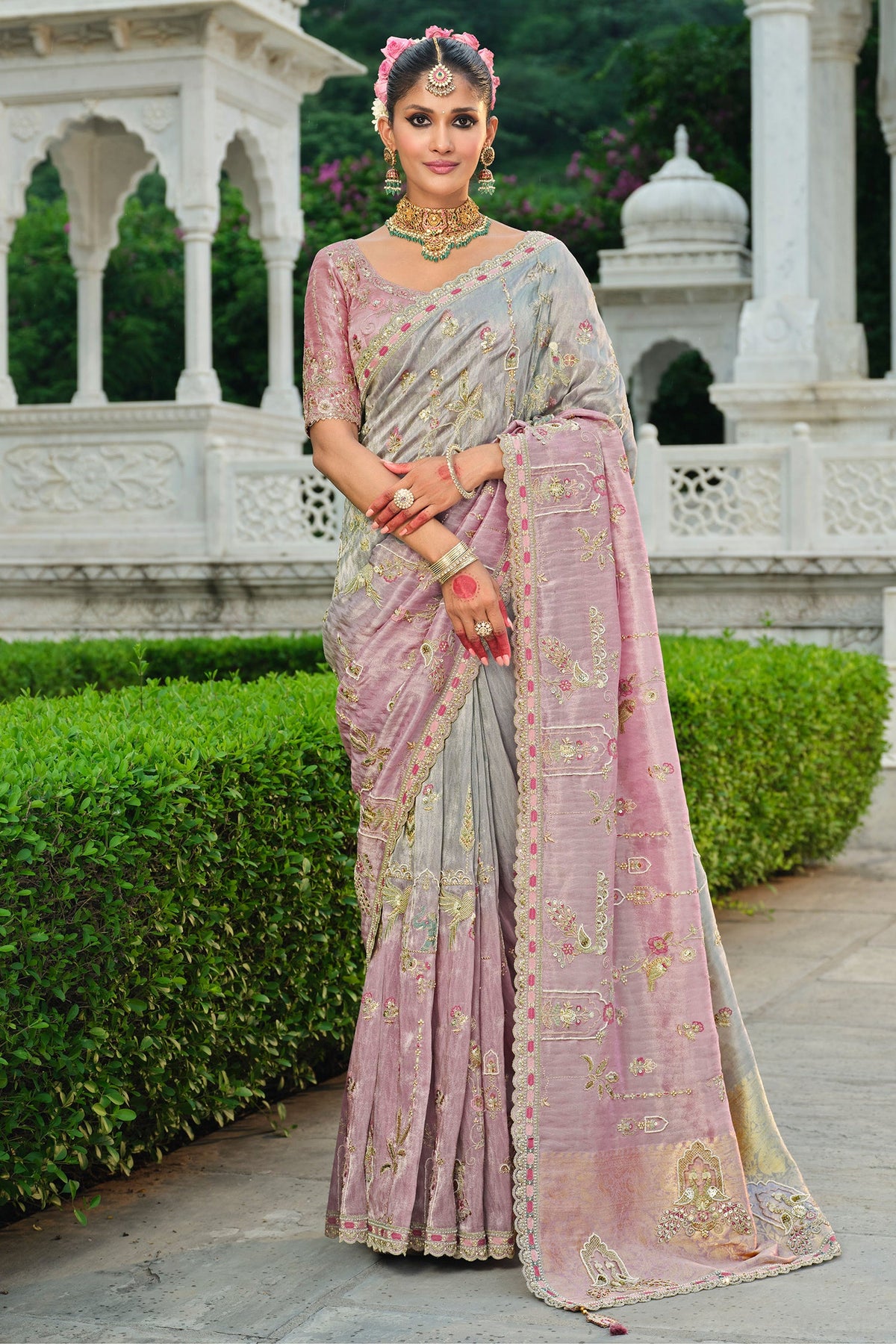 Grey and Pink Silk Woven Saree with Embroidery - pink silk saree embroidery