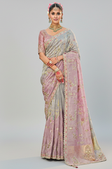Grey and Pink Silk Woven Saree with Embroidery