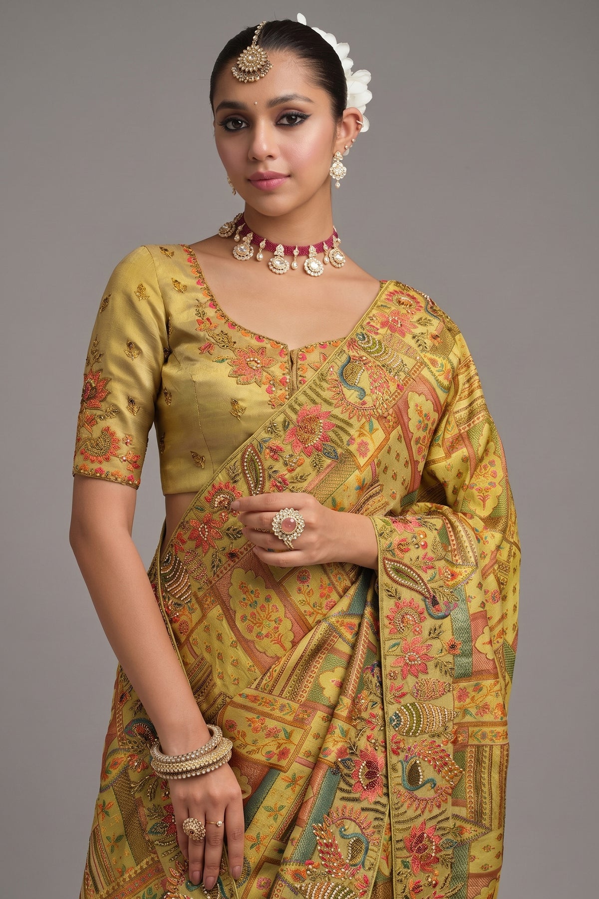 Lime Yellow Silk Woven Saree with Embroidery - yellow silk saree embroidery
