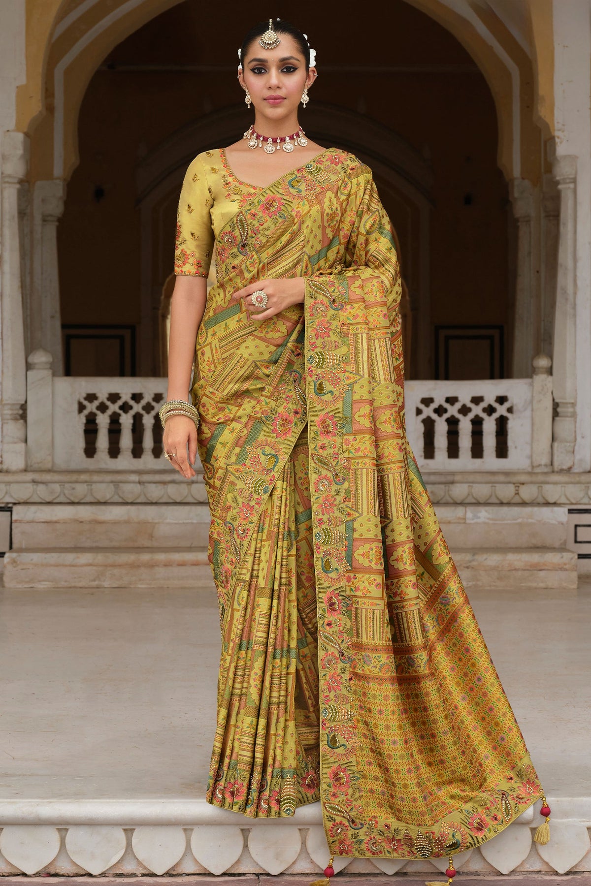 Lime Yellow Silk Woven Saree with Embroidery - yellow silk saree embroidery