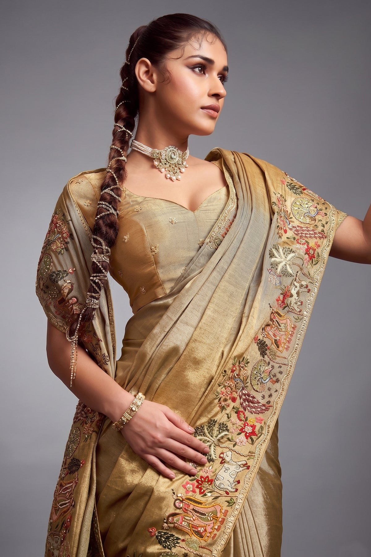 Golden Viscose Silk Embroidered Saree - red silk saree embroidered