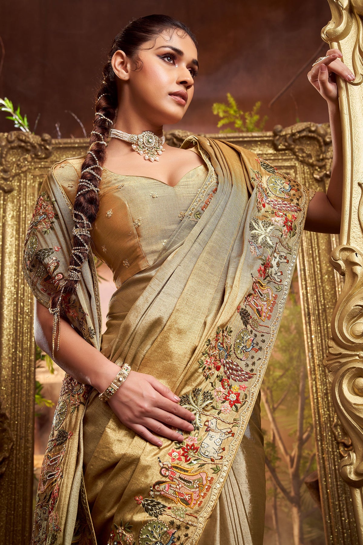 Golden Viscose Silk Embroidered Saree - red silk saree embroidered