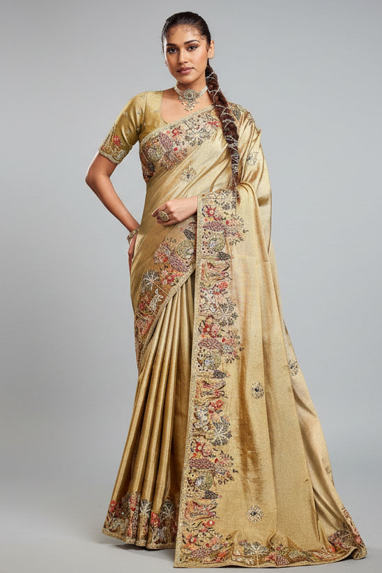 Golden Viscose Silk Embroidered Saree - red silk saree embroidered Main image