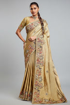 Golden Viscose Silk Embroidered Saree - red silk saree embroidered