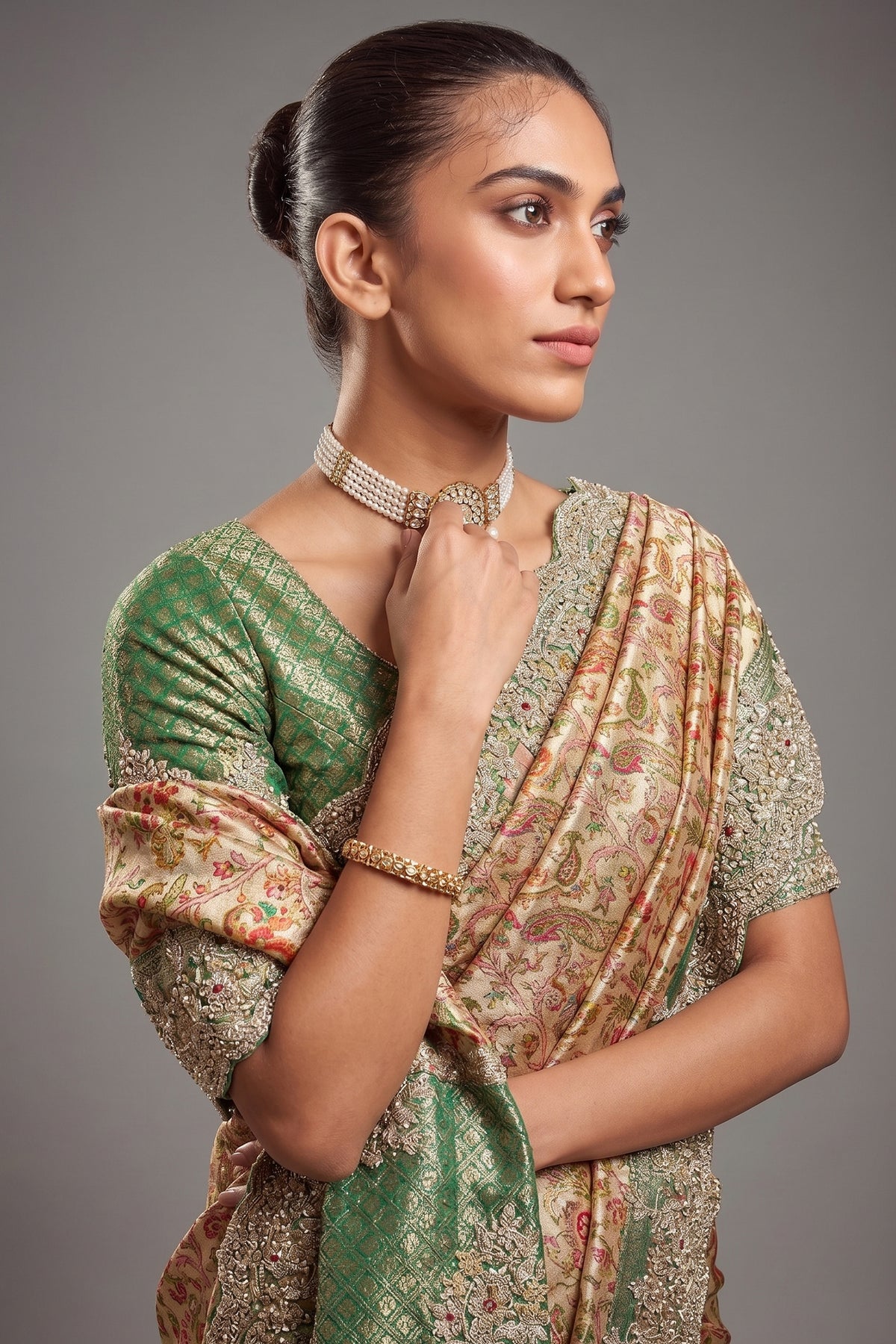 Golden and Green Silk Woven Saree with Embroidery - green silk saree embroidery
