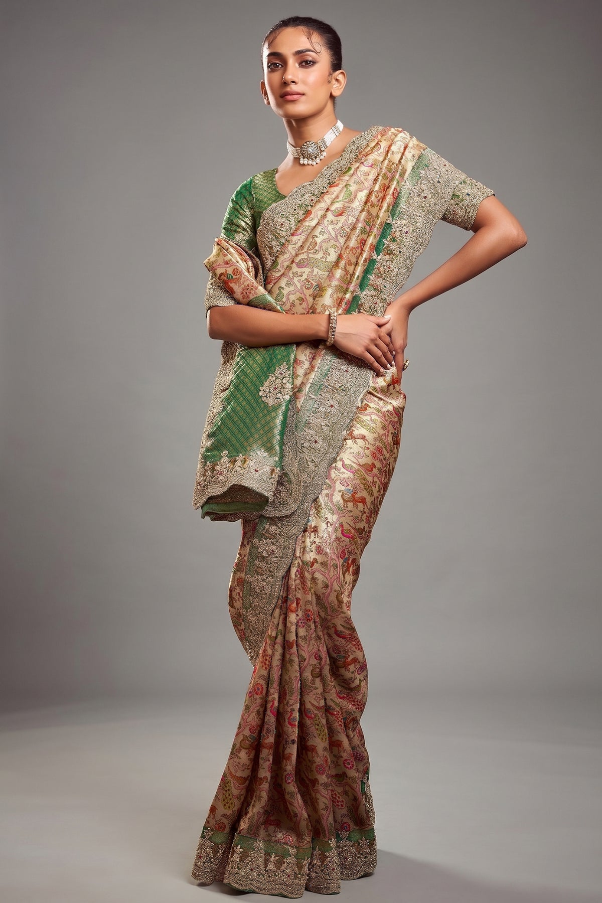 Golden and Green Silk Woven Saree with Embroidery