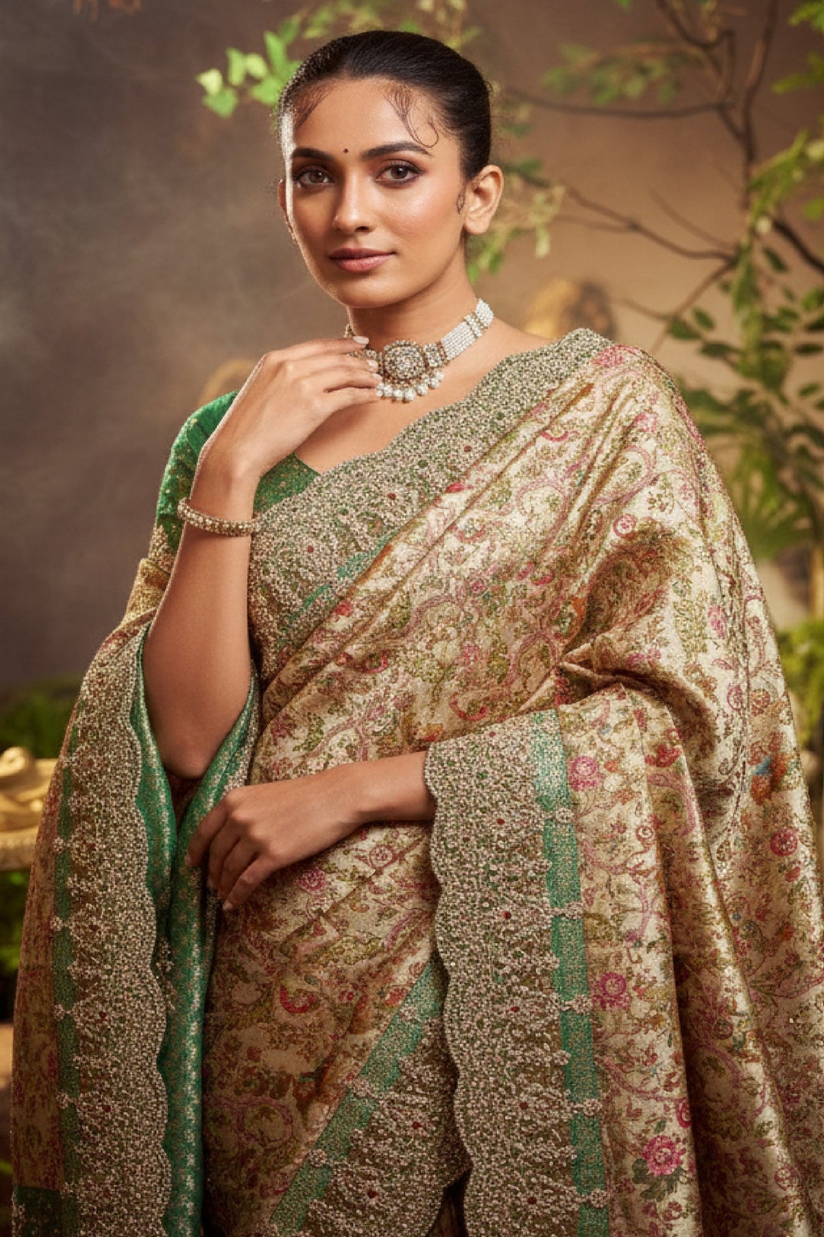 Golden and Green Silk Woven Saree with Embroidery - green silk saree embroidery