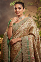 Golden and Green Silk Woven Saree with Embroidery - green silk saree embroidery