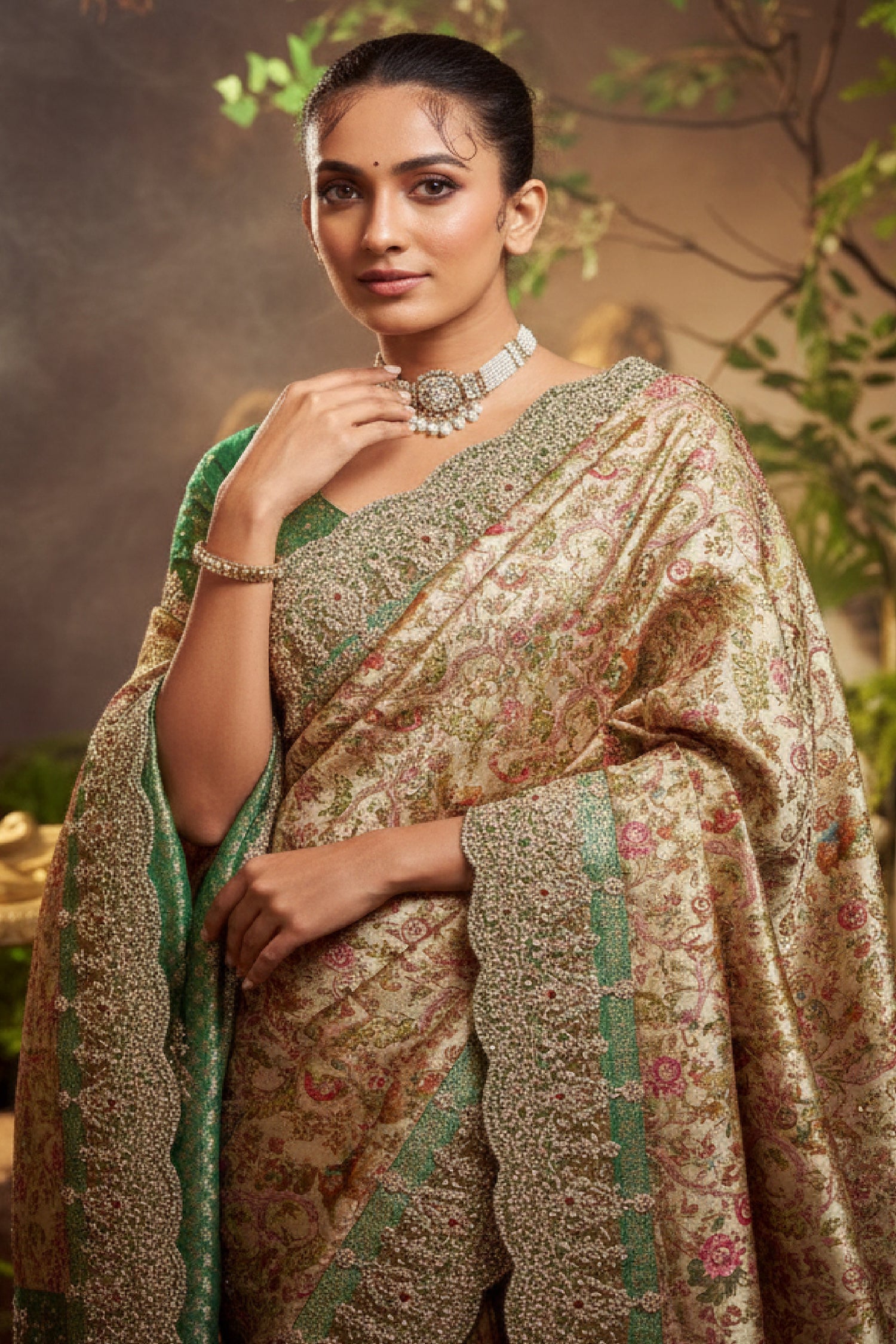 Golden and Green Silk Woven Saree with Embroidery - green silk saree embroidery