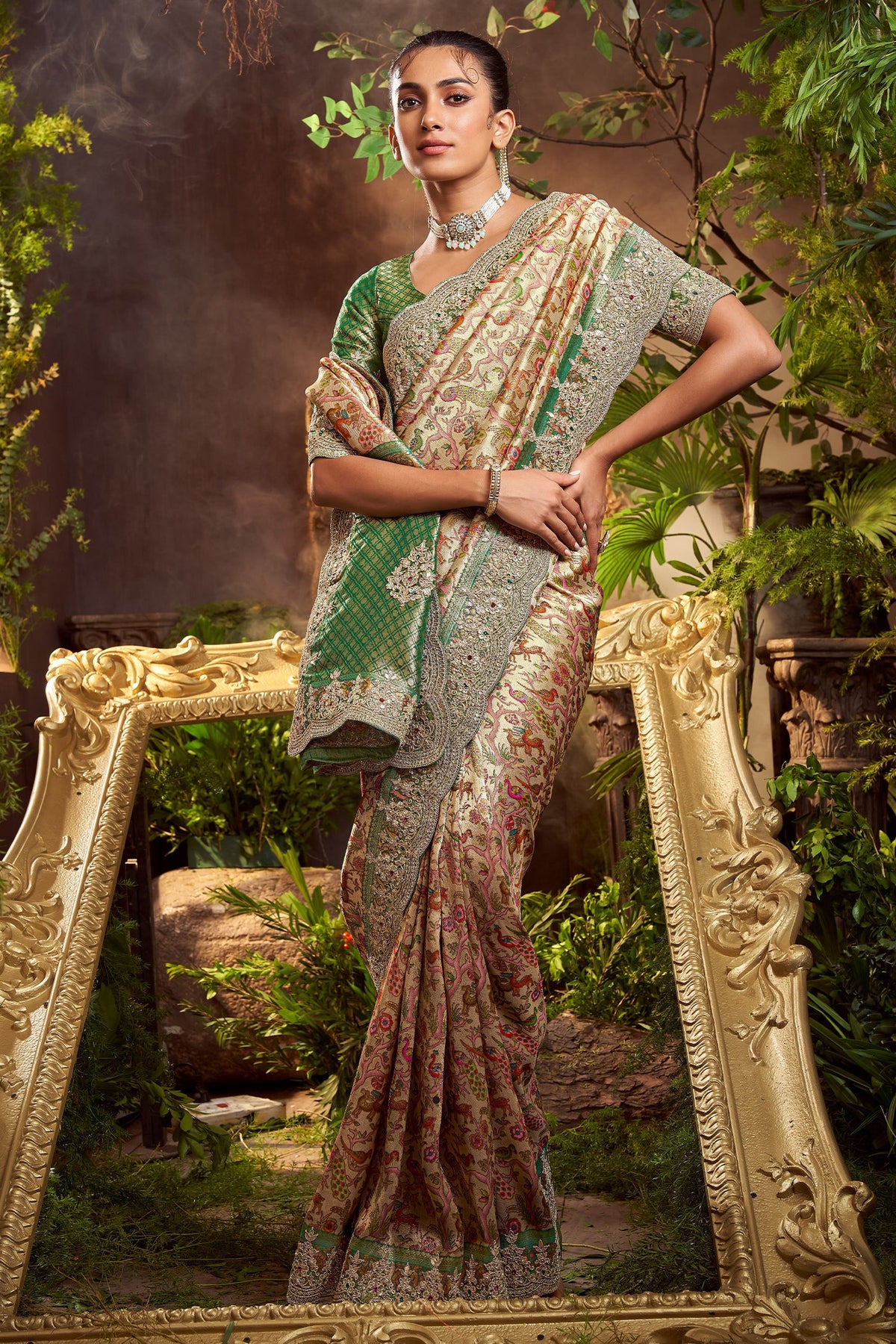 Golden and Green Silk Woven Saree with Embroidery - green silk saree embroidery