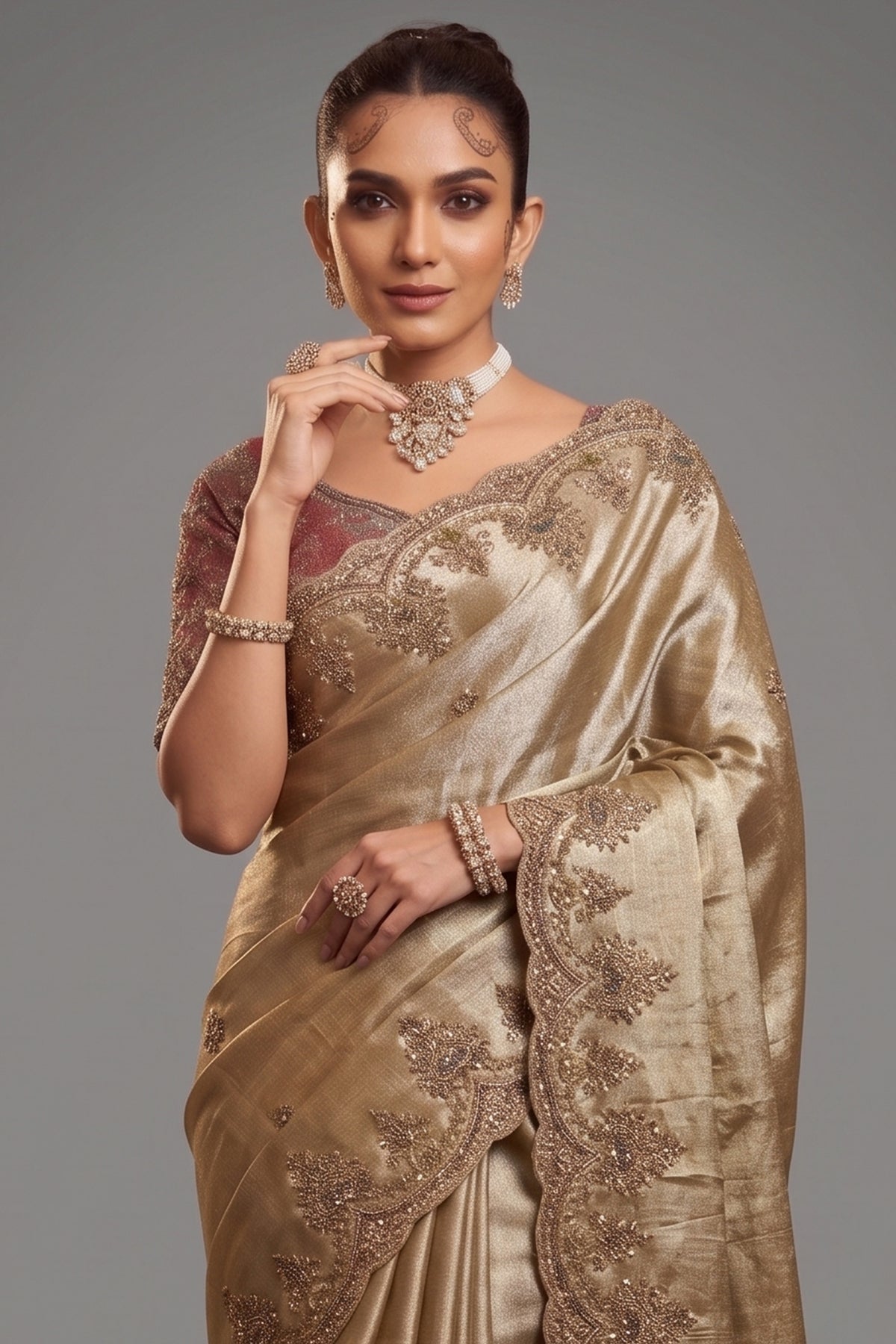 Golden Silk Woven Saree with Embroidery - gold silk saree embroidery