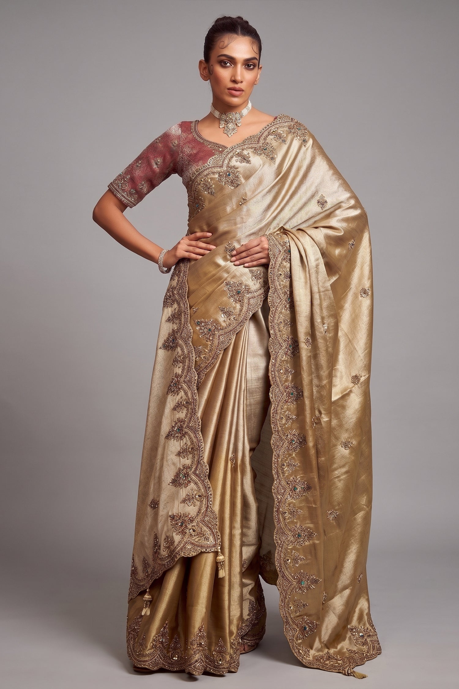 Golden Silk Woven Saree with Embroidery - gold silk saree embroidery Main image