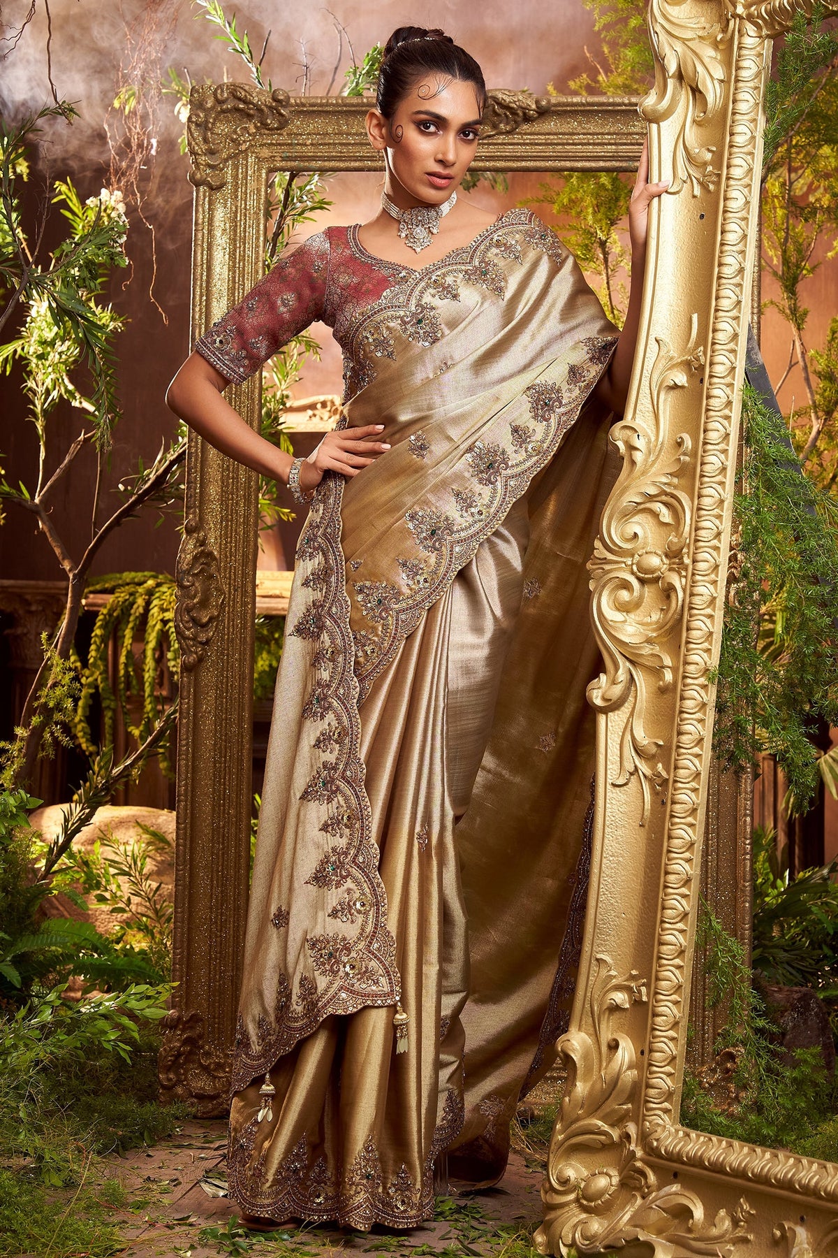 Golden Silk Woven Saree with Embroidery - gold silk saree embroidery