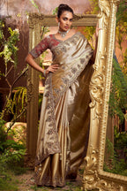 Golden Silk Woven Saree with Embroidery - gold silk saree embroidery