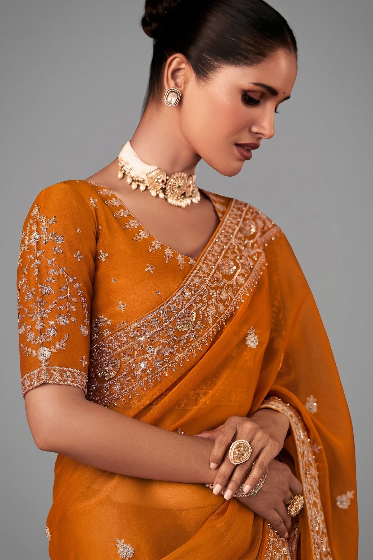 Mustard Yellow Georgette Chiffon Saree with Embroidery - yellow chiffon saree embroidery