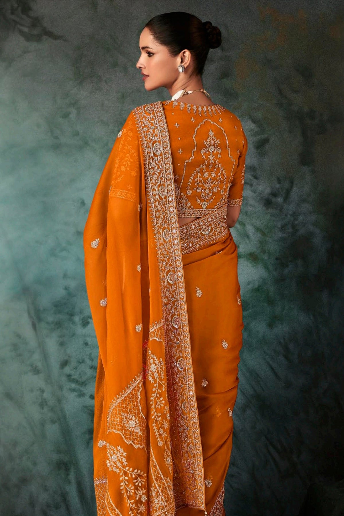 Mustard Yellow Georgette Chiffon Saree with Embroidery - yellow chiffon saree embroidery