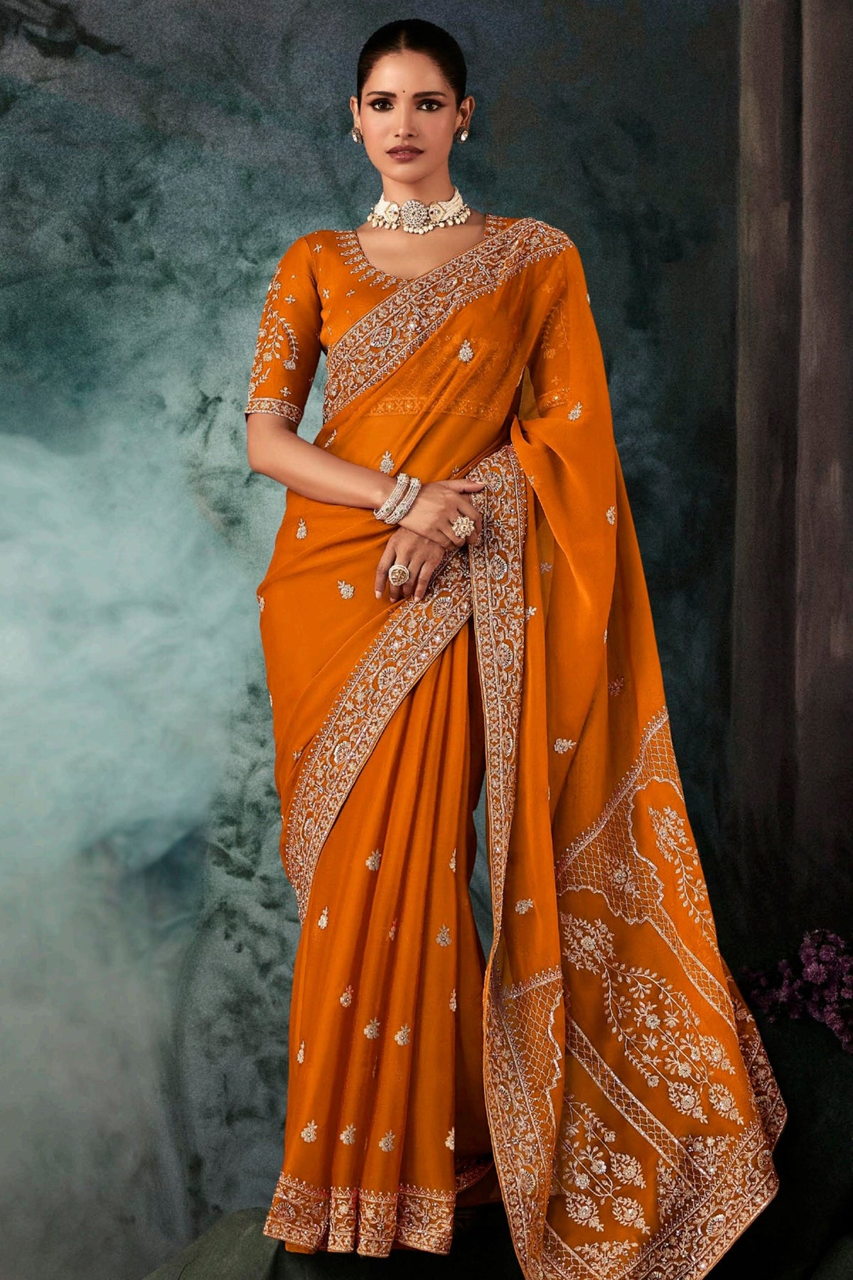 Mustard Yellow Georgette Chiffon Saree with Embroidery - yellow chiffon saree embroidery