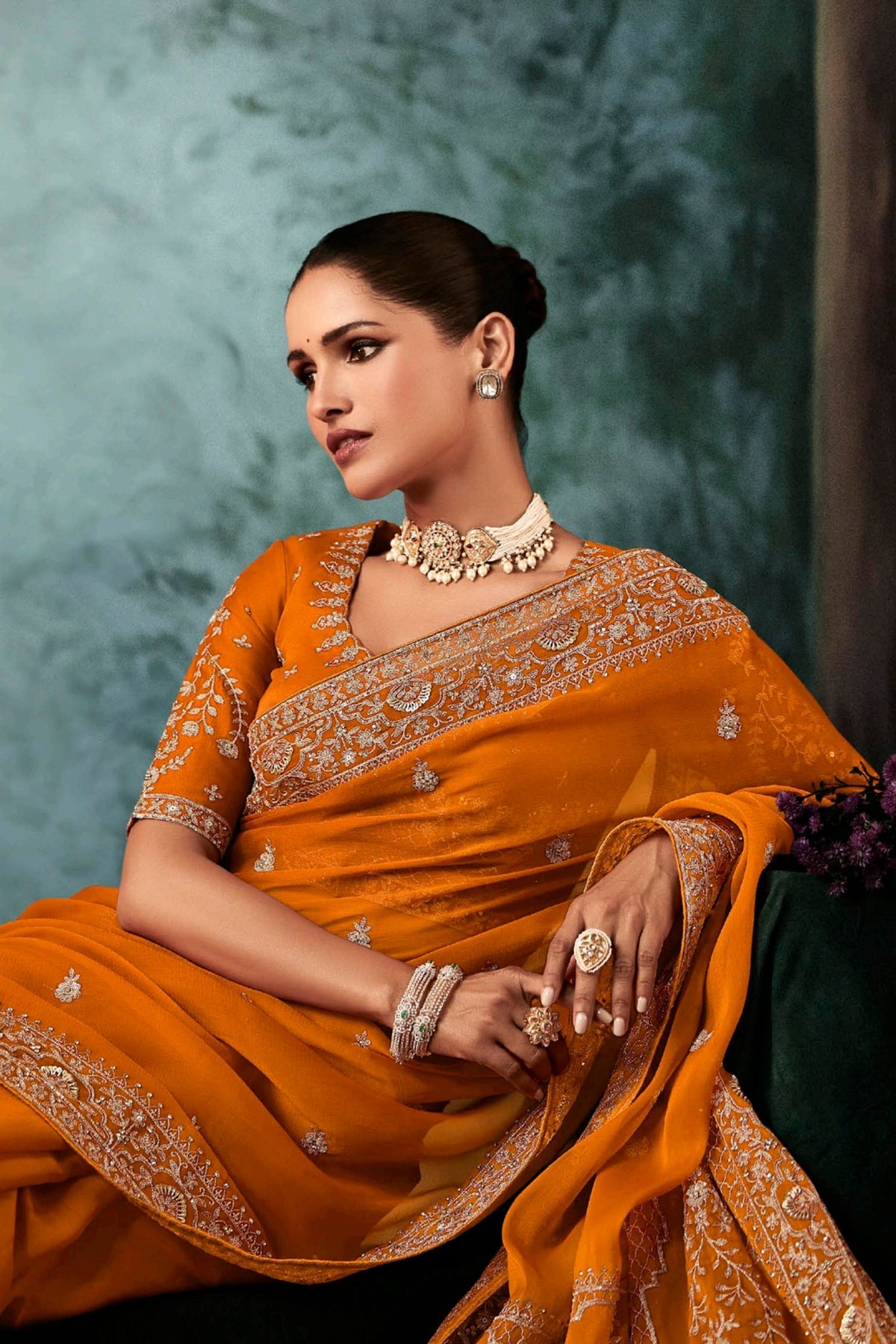 Mustard Yellow Georgette Chiffon Saree with Embroidery - yellow chiffon saree embroidery