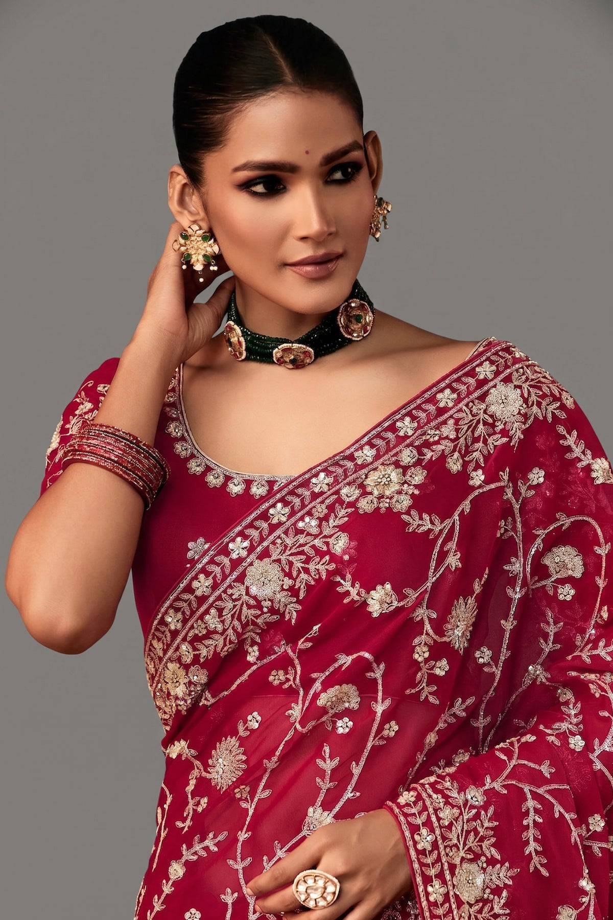 Maroon Organza Saree with Sequin Embroidery Work - maroon organza saree embroidery