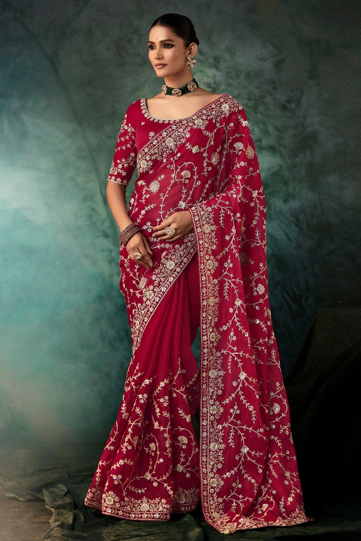 Maroon Organza Saree with Sequin Embroidery Work - maroon organza saree embroidery