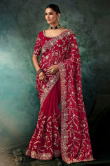 Maroon Organza Saree with Sequin Embroidery Work - maroon organza saree embroidery