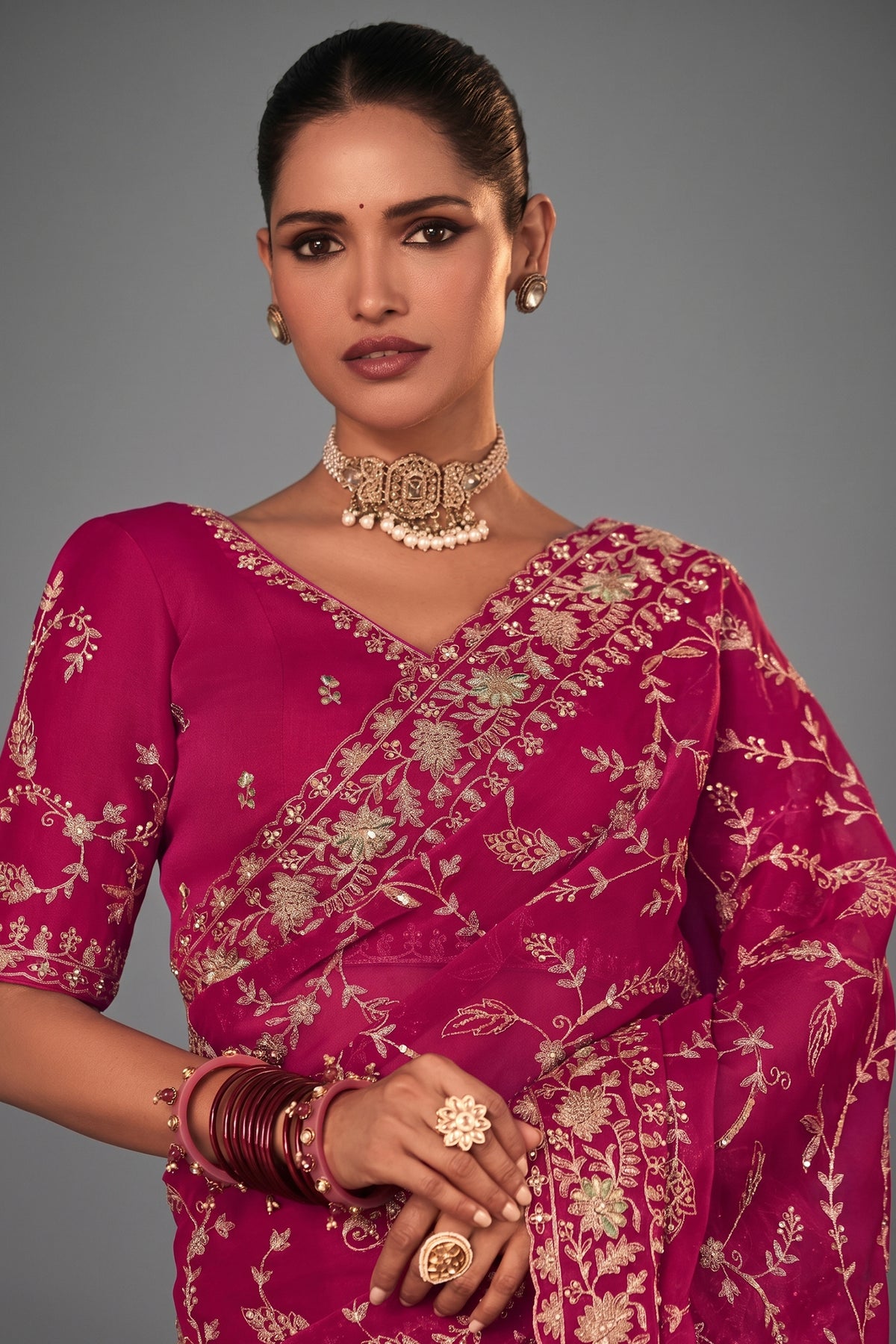 Pink Organza Saree with Sequin Embroidery Work - pink organza saree embroidery