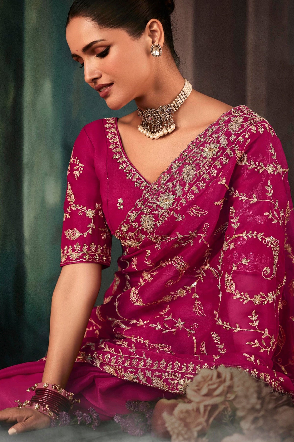 Pink Organza Saree with Sequin Embroidery Work - pink organza saree embroidery
