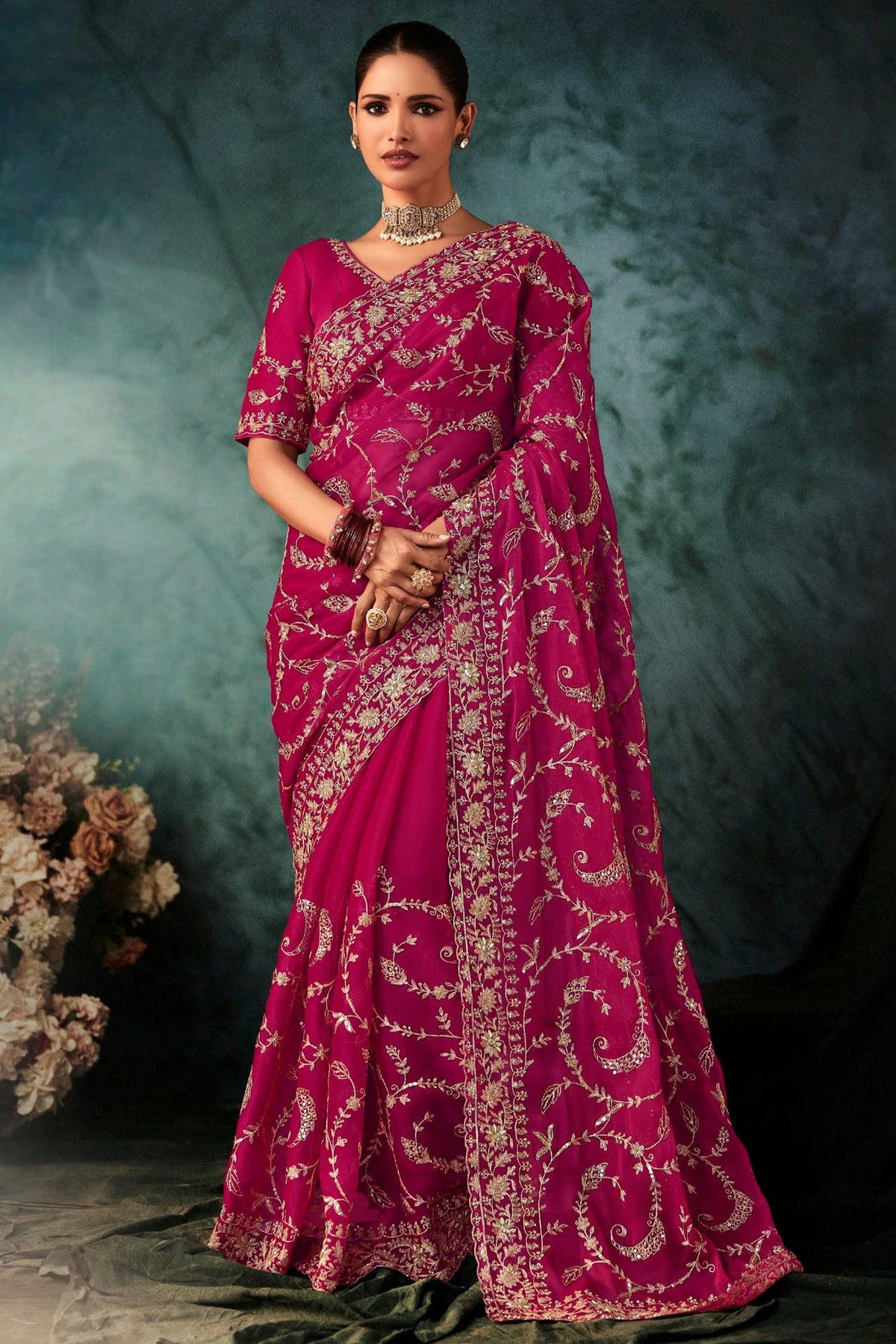 Pink Organza Saree with Sequin Embroidery Work - pink organza saree embroidery