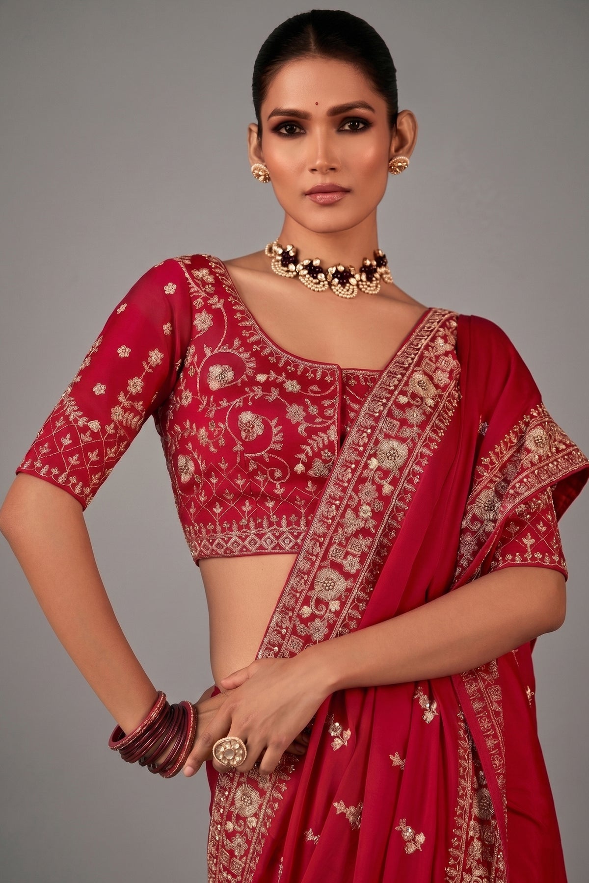 Red Georgette Satin Crepe Saree with Sequin Embroidery Work - red satin saree embroidery