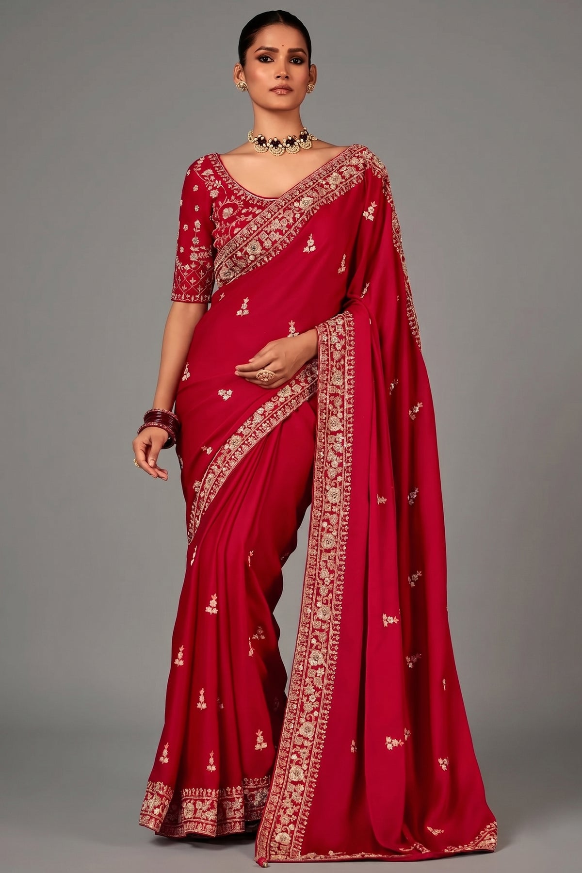 Red Georgette Satin Crepe Saree with Sequin Embroidery Work - red satin saree embroidery