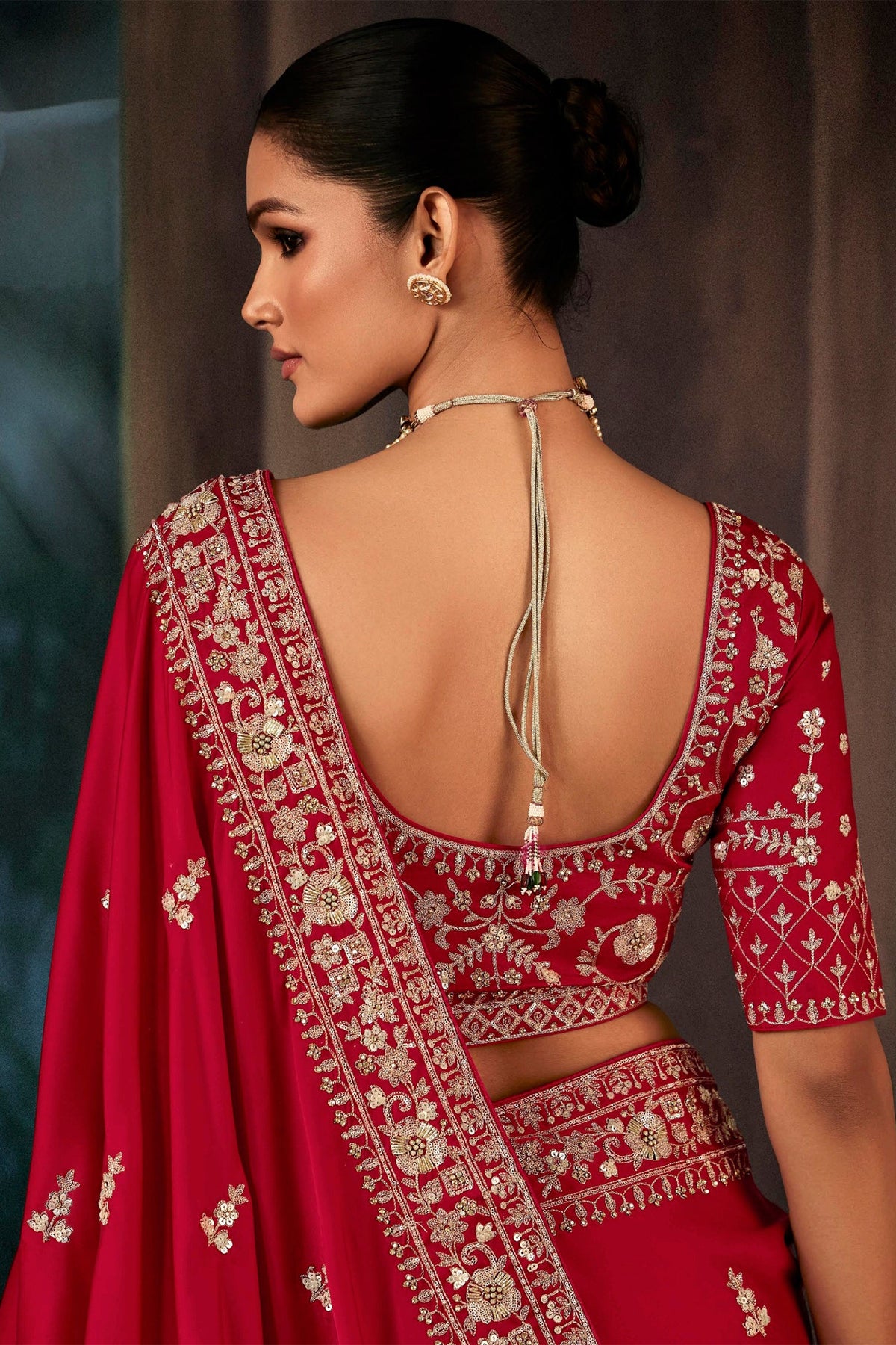 Red Georgette Satin Crepe Saree with Sequin Embroidery Work - red satin saree embroidery