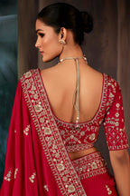 Red Georgette Satin Crepe Saree with Sequin Embroidery Work - red satin saree embroidery