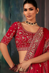Red Georgette Satin Crepe Saree with Sequin Embroidery Work