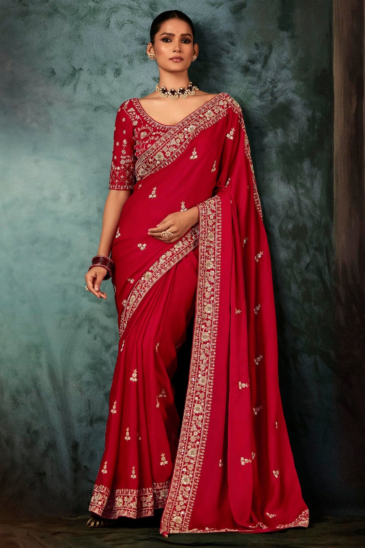 Red Georgette Satin Crepe Saree with Sequin Embroidery Work - red satin saree embroidery