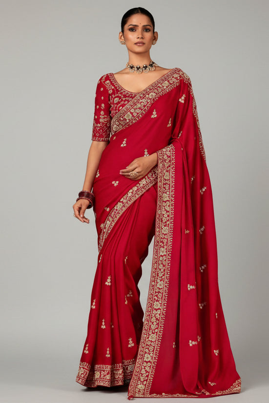 Red Georgette Satin Crepe Saree with Sequin Embroidery Work