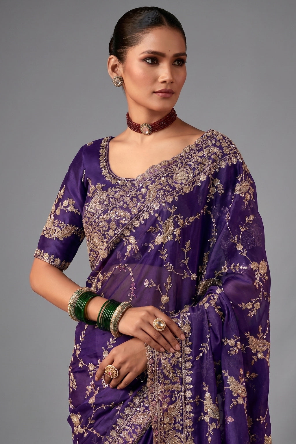 Purple Organza Saree with Sequin Embroidery Work