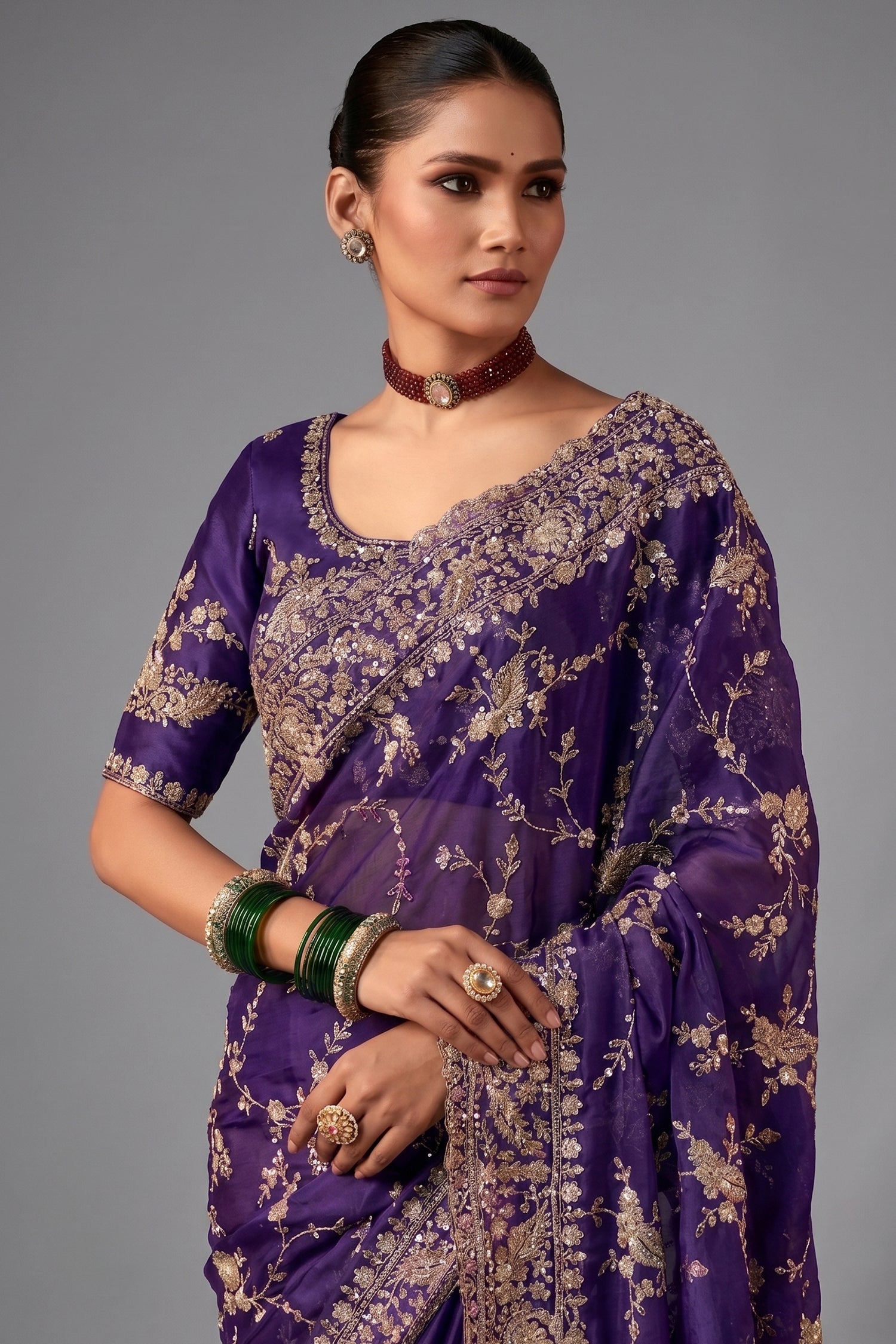 Purple Organza Saree with Sequin Embroidery Work