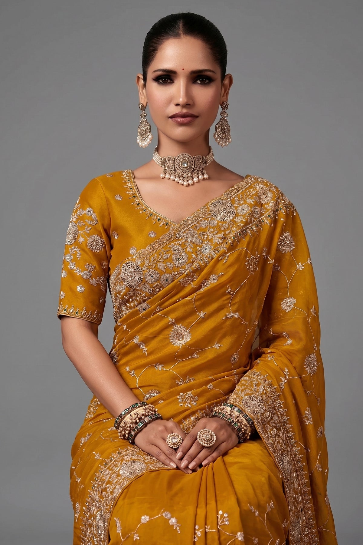 Yellow Organza Saree with Sequin Embroidery Work - yellow organza saree embroidery