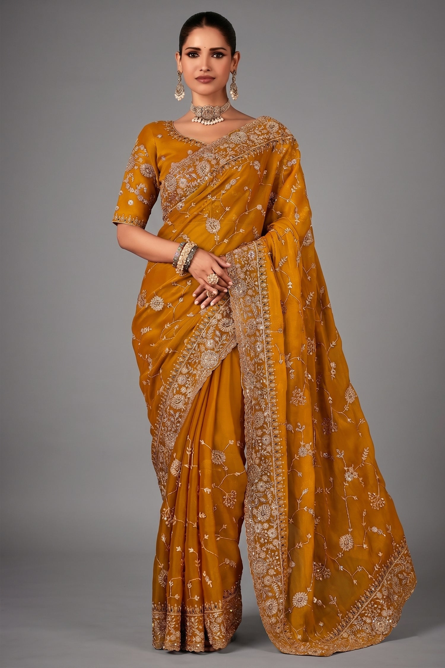 Yellow Organza Saree with Sequin Embroidery Work - yellow organza saree embroidery